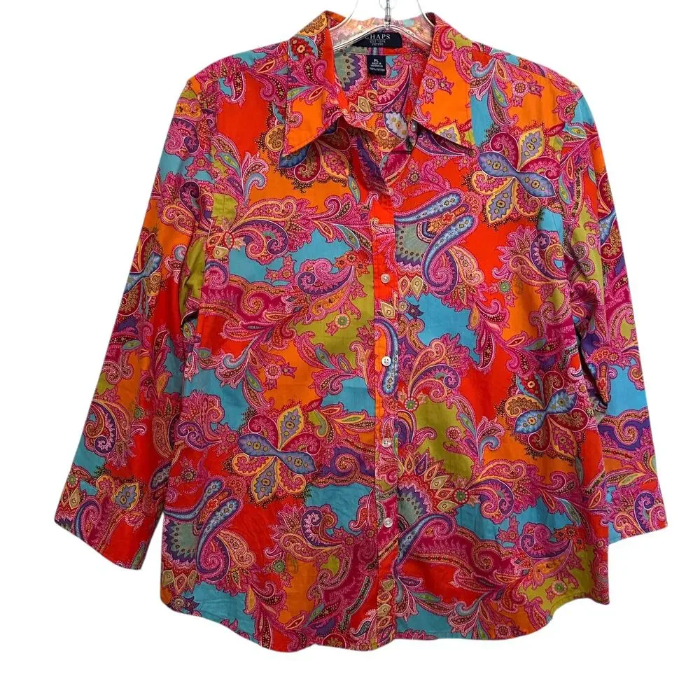 Chaps Colorful Paisley Top Womens Large LP Cotton Classic Preppy Button Shirt - Picture 2 of 8